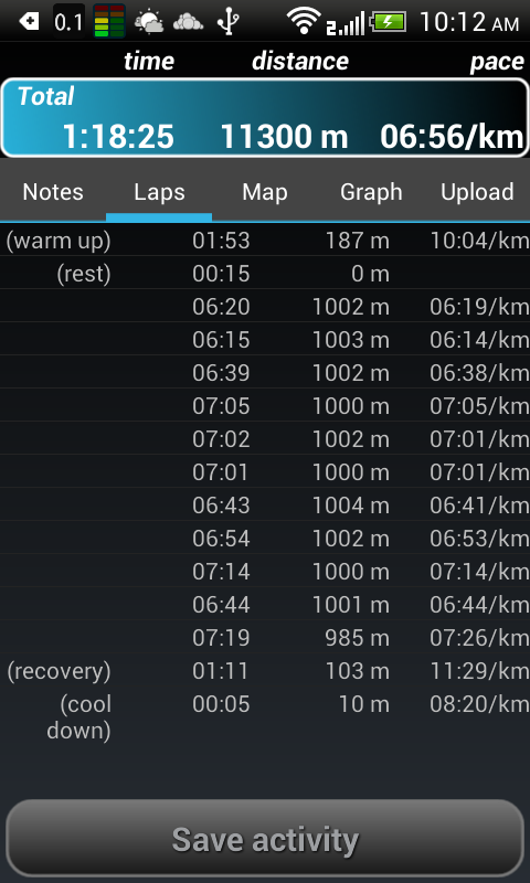 Breakup of my first 10k run, shown in the RunnerUp app. The app shows the time taken for every 1 km interval.