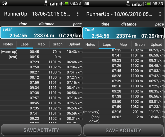 Runnerup app showing the lap timings for my half marathon. Contains two screenshots that are combined side to side.